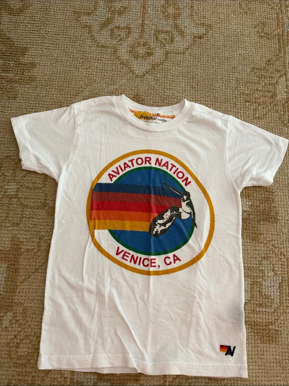 Aviator Nation White Tee with Rainbow Circle Logo Kids Size 8